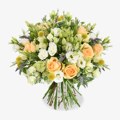 Dreamy peach avalanche roses with white hydrangea set fairy like mood in this week's arrangement.