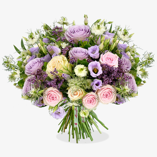A magical, pastel palette encapsulates this charming design; with roses and lisianthus taking pride of place